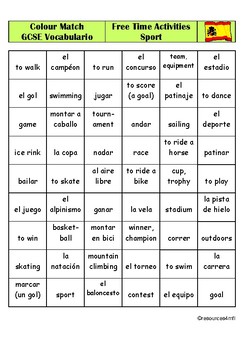 GCSE SPANISH -Free Time Activities (sport) - COLOUR MATCH by