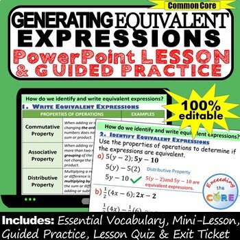 Preview of GENERATE EQUIVALENT ALGEBRAIC EXPRESSIONS PowerPoint Lesson AND Guided Practice