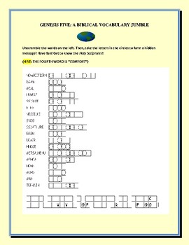 Preview of GENESIS FIVE: A BIBLICAL VOCABULARY JUMBLE PUZZLE  W/ANSWER KEY