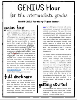 Preview of GENIUS Hour in the Intermediate Classroom