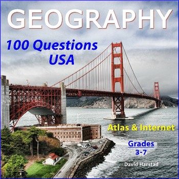 Preview of GEOGRAPHY - 100 USA Map Questions for Atlas & Internet (Grades 3-7)
