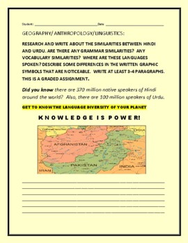 Preview of GEOGRAPHY/ANTHROPOLOGY/LINGUISTICS: COMPARE HINDI & URDU GRS.8-12, COLLEGE