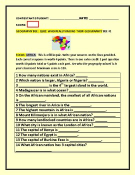 Preview of GEOGRAPHY BEE/ QUIZ: AFRICA                       GRS. 5-12