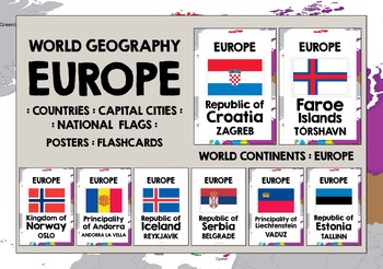 Countries of Europe - Classroom Posters, Word Walls,Flag Cards,with Map and  Flag