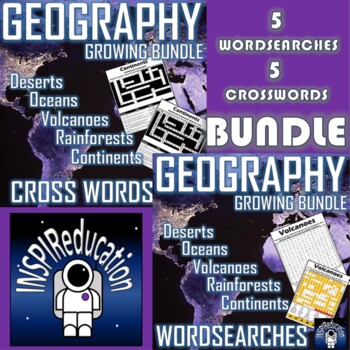 Preview of GEOGRAPHY GROWING BUNDLE: Wordsearch and Crosswords - Topic Based