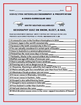Preview of GEOGRAPHY/ METEOROLOGY QUIZ: T/F SNOW, SLEET & HAIL  W/ ANSWER KEY