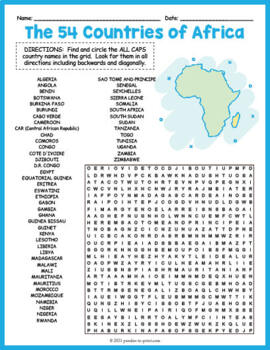 Preview of GEOGRAPHY OF AFRICA - 54 African Countries Word Search Worksheet Activity