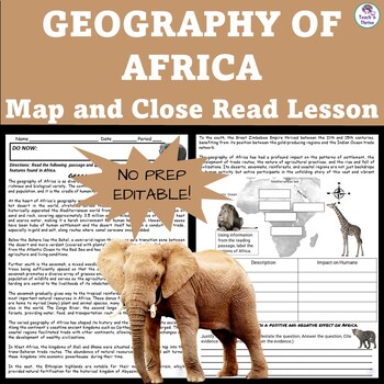 Preview of GEOGRAPHY OF AFRICA: Impact on Humans - Map and Close Read Lesson EDITABLE