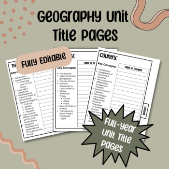 Preview of GEOGRAPHY UNIT TITLE PAGES & TABLE OF CONTENTS - FULL YEAR (FULLY EDITABLE)