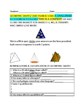 Preview of GEOMETRY CONTEST/ QUIZ: POLYGONS & NOMENCLATURE/ GRS. 5-9, MG
