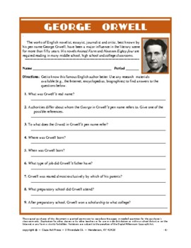 George Orwell Webquest Worksheets Distance Learning By Class Act Press