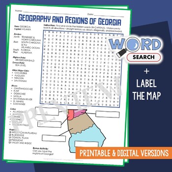 Preview of GEORGIA Geography and Regions Word Search Puzzle Map Activity Worksheet