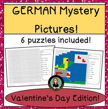 Preview of GERMAN Color By Number Mystery Pictures for Valentine's Day! Grid for February