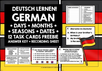 Preview of GERMAN DATES DAYS MONTHS SEASONS TASK CARDS FREEBIE