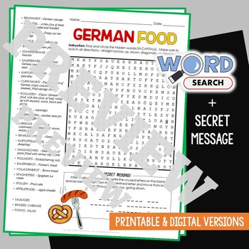 Preview of GERMAN FOOD Word Search Puzzle Activity Vocabulary Worksheet Secret Message