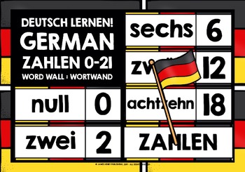 Preview of GERMAN NUMBERS 0-21 WORD WALL FREEBIE