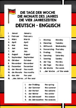 GERMAN DAYS, MONTHS, SEASONS VOCABULARY REFERENCE LIST | TpT