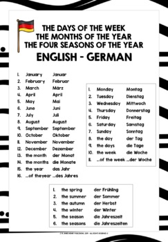 German Days Months Seasons Vocabulary Reference List Tpt