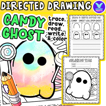 Preview of HALLOWEEN  - Candy Ghost Directed Drawing: Writing, Reading, Tracing & Coloring