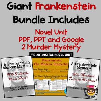 Preview of GIANT Mary Shelley Frankenstein Novel Unit INCLUDES Murder Mystery Activity
