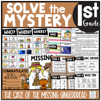 Preview of GINGERBREAD Solve the Mystery Math & ELA Task Card Activity 1st Grade | Google