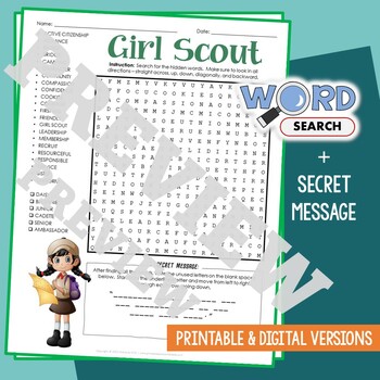 Preview of GIRL SCOUT Word Search Puzzle Activity Vocabulary Worksheet With Secret Message