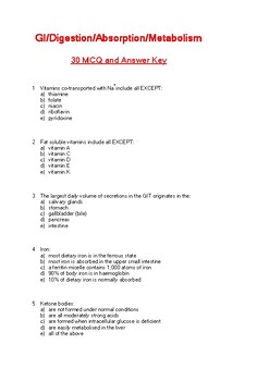 Preview of GI_Digestion_Absorption_Metabolism. Contains 30 highly Tested MCQ And Answer key