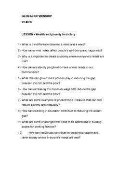 Preview of GLOBAL CITIZENSHIP YEAR 6 LESSON Revision - Wealth and poverty in society