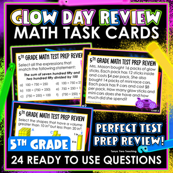 Preview of GLOW DAY 5th Grade Math Task Cards | Math Spiral Review | Math Test Prep