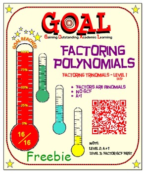 Preview of GOAL NO PREP - FREEBIE Factoring Poly - Trinomial Level 1 & Quiz (QR Codes)