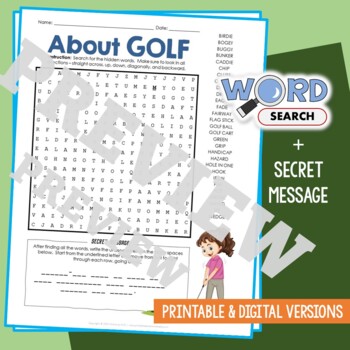 Preview of GOLF Word Search Puzzle Activity Vocabulary Worksheet Secret Message