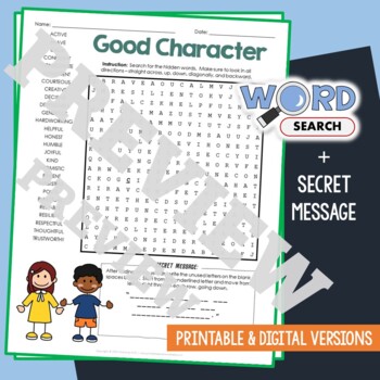Preview of GOOD CHARACTER Word Search Puzzle Activity Vocabulary Worksheet Secret Message