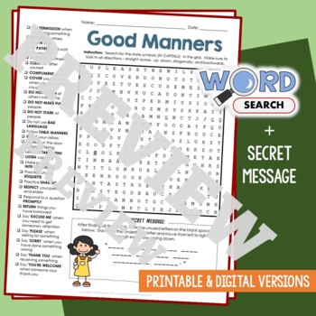 Preview of GOOD MANNERS Word Search Puzzle Activity Vocabulary Worksheet Secret Message