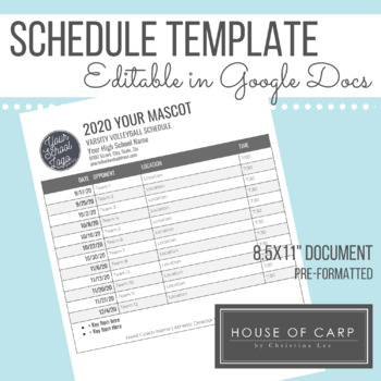 Preview of GOOGLE DOCS TEMPLATE: Sports Schedule Template, Table for Sports Schedule