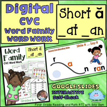Preview of CVC AT AN Word Family Activities GOOGLE SLIDES-PRINT K-1 RTI Tier 1 SOR BTS ELL