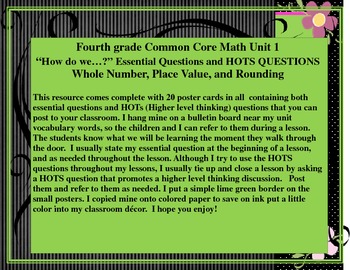 Preview of GR 4 Common Core Math Unit 1 Essential Questions and HOTS Questions