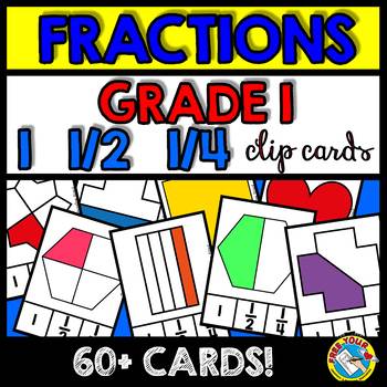 Preview of IDENTIFYING BEGINNER FRACTIONS CLIP CARD 1ST GRADE 1 HALVES FOURTHS & WHOLE TASK