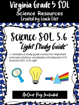 Preview of 5th Grade VA Science SOL 5.6 Light Study Guide