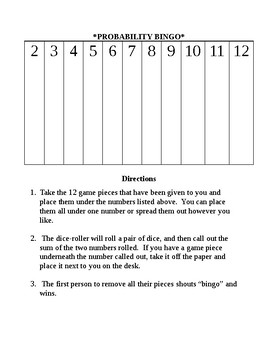 grade 6 7 8 probability bingo with follow up worksheet math games