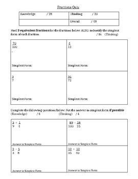 Preview of GRADE 6 FRACTIONS QUIZ, ONTARIO CURRICULUM, GRADE 6 MATH