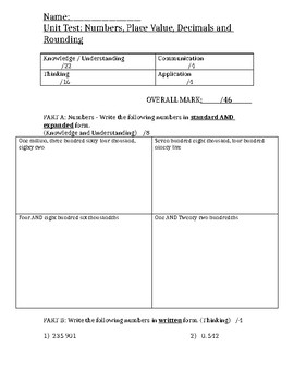 Preview of GRADE 6 PLACE VALUE, ROUNDING, DECIMAL UNIT TEST (2), ONTARIO CURRICULUM