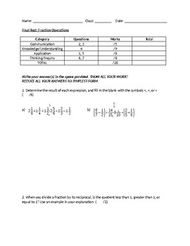 Preview of GRADE 7 8 FRACTIONS UNIT TEST, ONTARIO CURRICULUM, GRADE 7 8 MATH