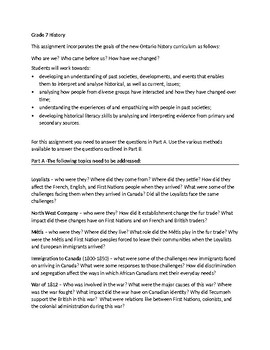 grade 7 history final assignment ontario curriculum by elizabeth a