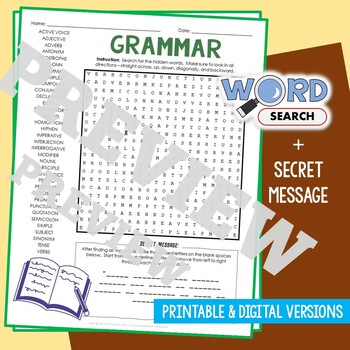 Preview of GRAMMAR TERMS Word Search Puzzle Vocabulary Activity Worksheet