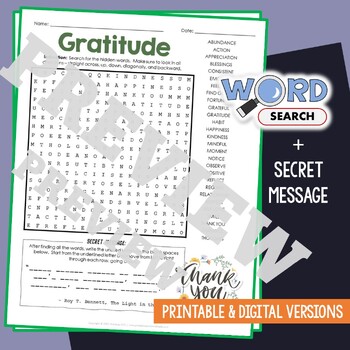 Preview of GRATITUDE Word Search Puzzle Activity Vocabulary Worksheet With Secret Message