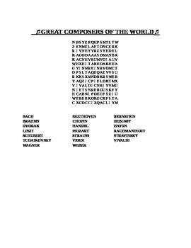 Preview of GREAT COMPOSERS OF THE WORLD WORD SEARCH