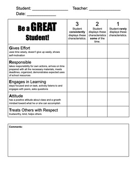 Preview of GREAT Student Classroom Rubric
