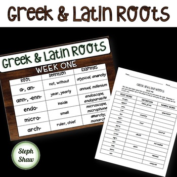 Preview of GREEK & LATIN ROOTS for 28 weeks!!! PPT, Word Wall, Pretests, and Quizzes!
