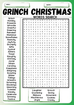 Grinch Christmas Vocabulary Word Search Puzzle Worksheet Activity