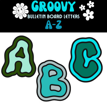 Preview of GROOVY Font Bulletin Board Letters A-Z - Blue/Teal/Green